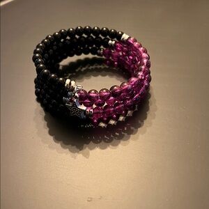 Hand Crafted Black and Pink Beaded Bracelet with Star Charm